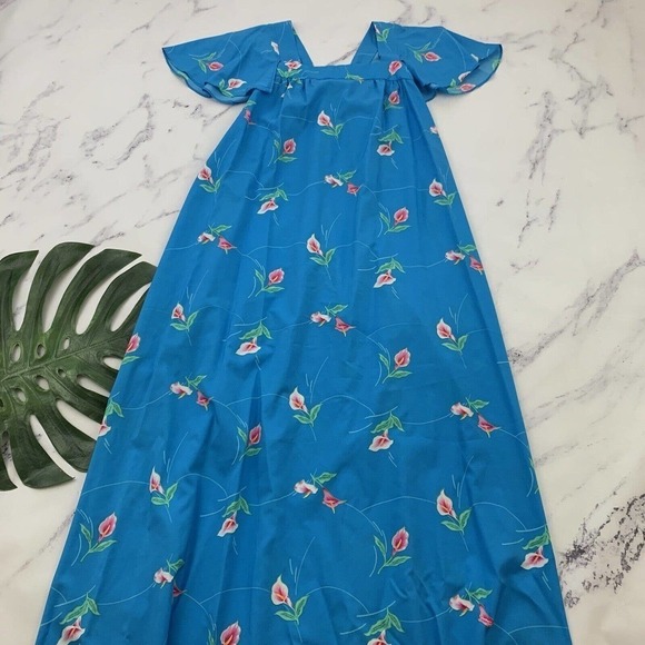 Hookano Womens Vintage Hawaiian Maxi Dress Size 16 Blue Pink Calla Lily Floral - Picture 1 of 10